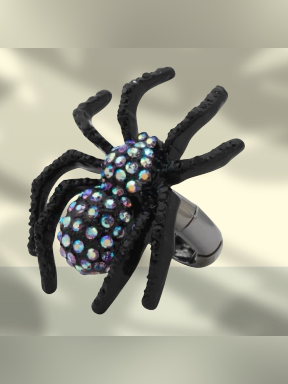 Betsey Johnson Black Spider Ring with Iridescent Rhinestones